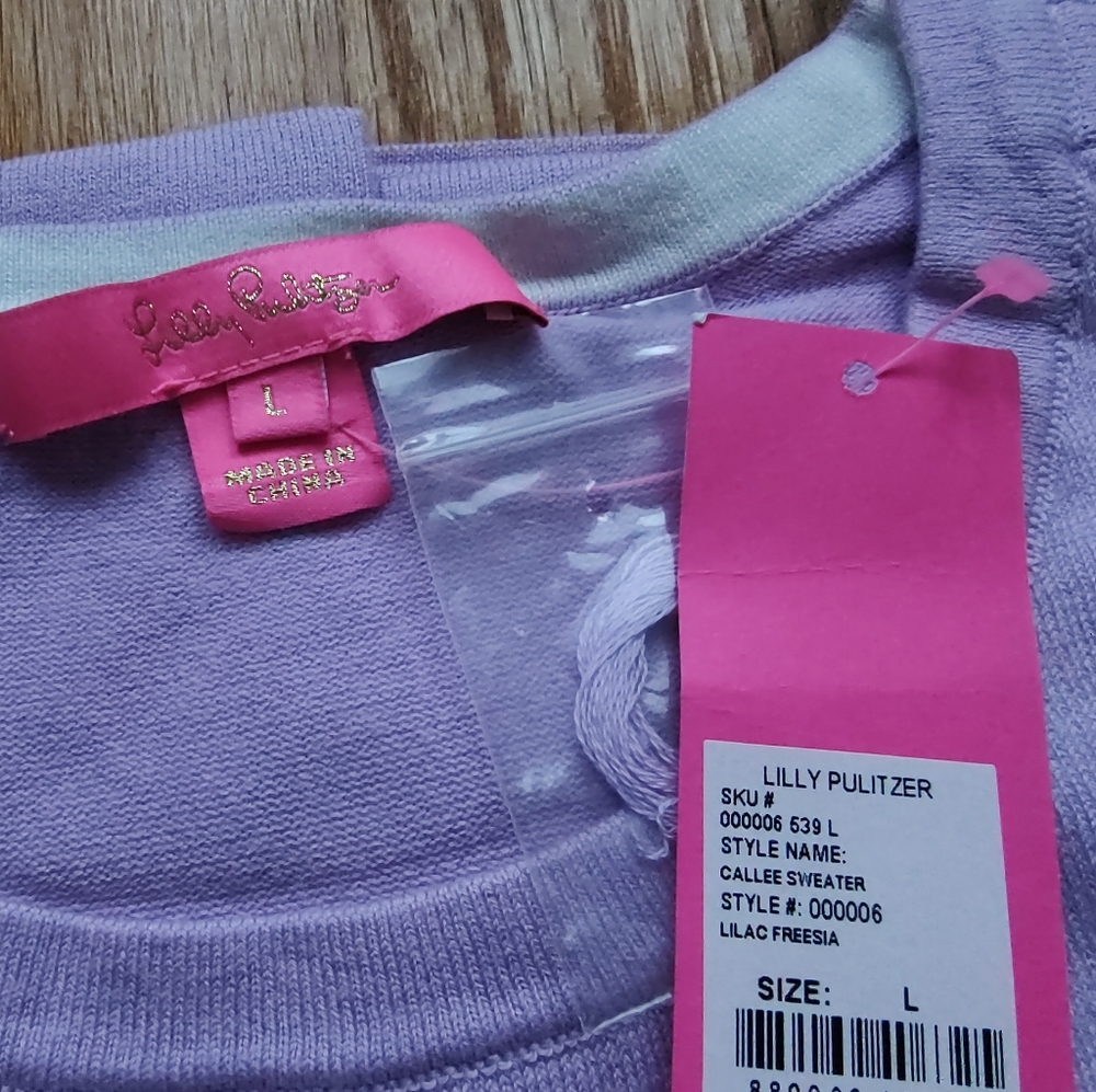 Lilly Pulitzer Callee Sweater Lilac Fressia Purple Pullover Gold White Buttons L - Picture 16 of 16